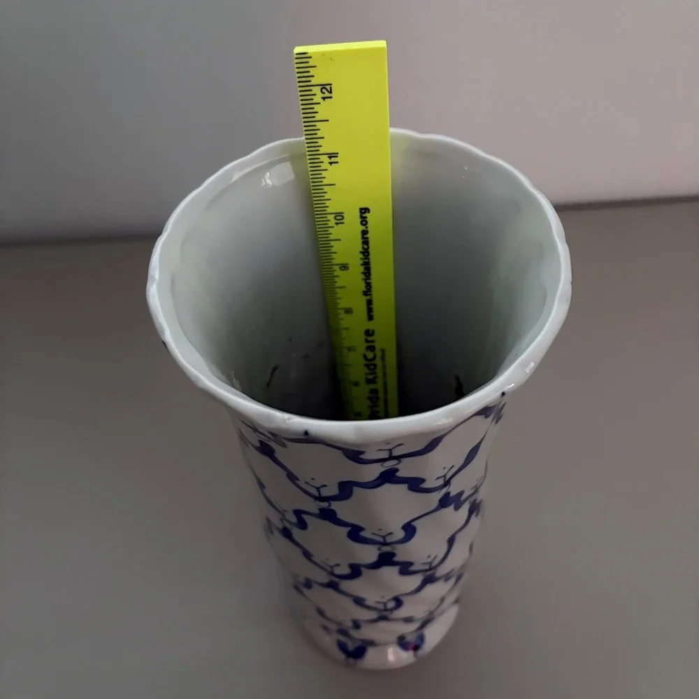 Blue and White Ceramic‎ Trellis Cylinder Vase Scalloped Rim 11.5 Inch Flowers